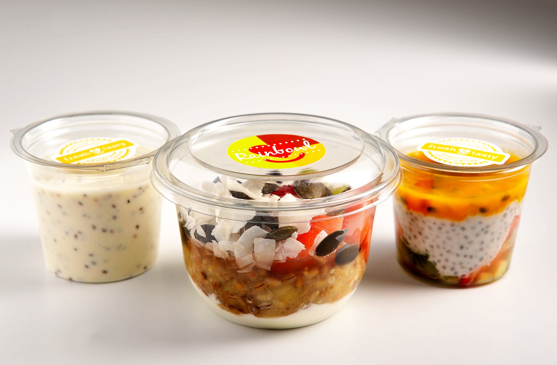 Yoghurt, salads, slices of fresh fruits